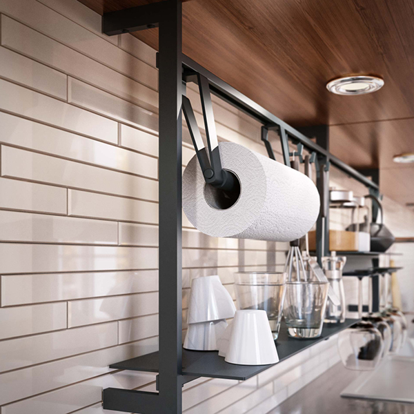Backsplash railing system with paper towel hanger